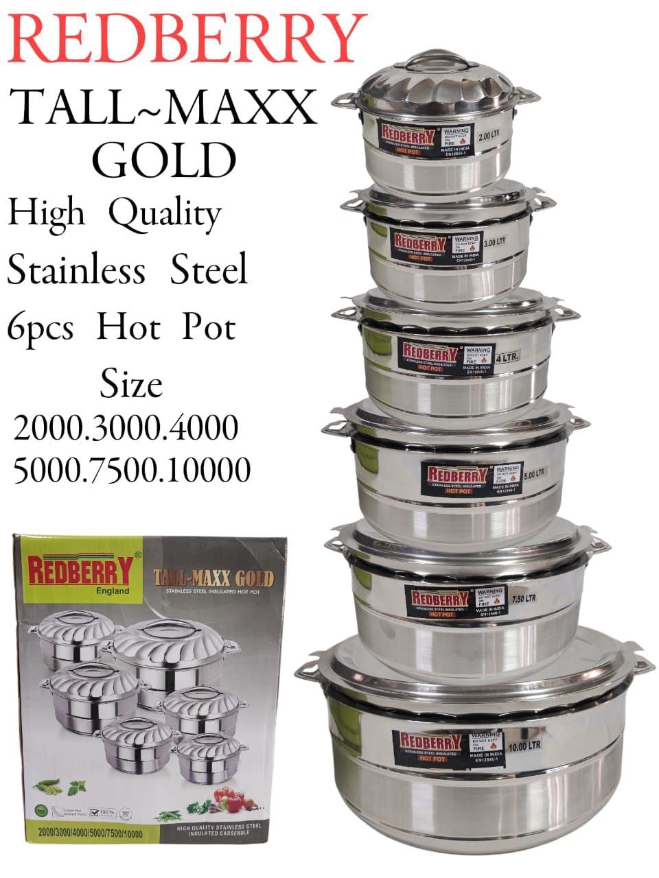 6pcs of  Redberry Tall Maxx Gold  High Quality Premier Range of Insulated Stainless Steel Hotpots Heavy Duty Serving Dish Hot Pot Sereware Set Casserole Hotpot Serve food Hot or Cold