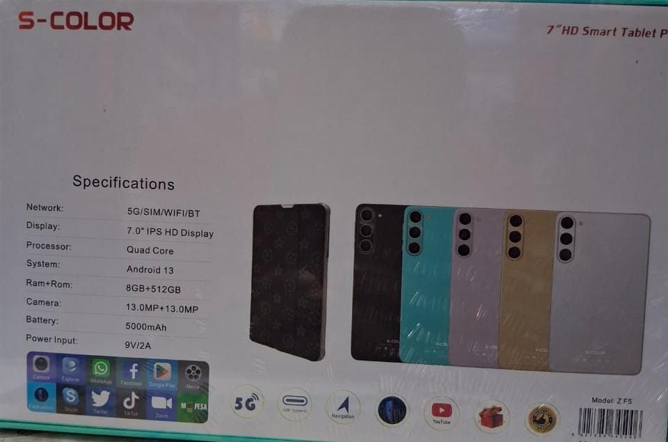1 PC ZF5  S-Color Smart tablet with a sim card slot 7" IPS HD Display Android 13 8 GB + 512GG  13MP + 13 MP Camera and 5000 mAh Battery