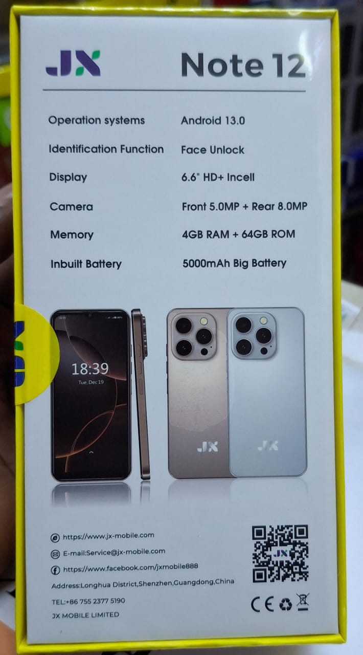NOTE 12 Android phone with face unlock 6.6"HD + Incell Camera (front 5.0MP + Rear 8.0MP) Memory 4GB + 64GB ROM Inbuilt battery 5000mAh Big Battey side figure print + phone cover and free screen protec