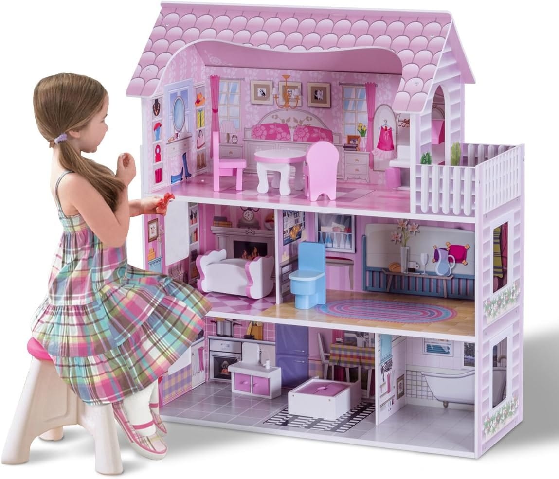 ⚡ INSTANT OFFER ⚡ 1pc Pink Wooden Kids Doll House with Furniture Set – Large Playhouse for Girls, Indoor Toy