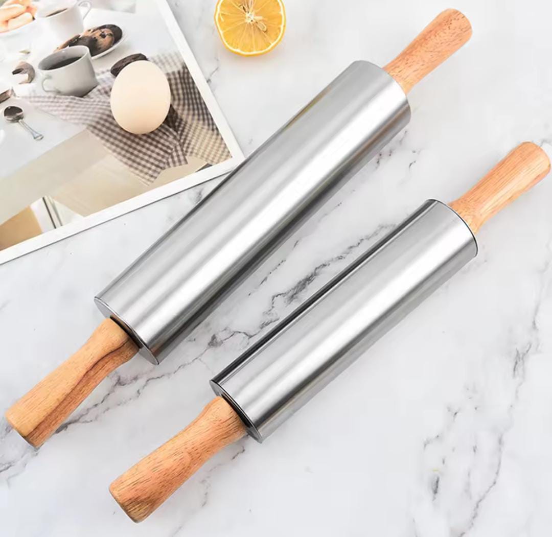 🥇 TOP OFFER 🥇 1pc Stainless Steel Rolling Pin with Bamboo Handle – Non-Stick, Durable, 180°C Heat Resistant Kitchen Tool for Baking, Pastry & Cooking