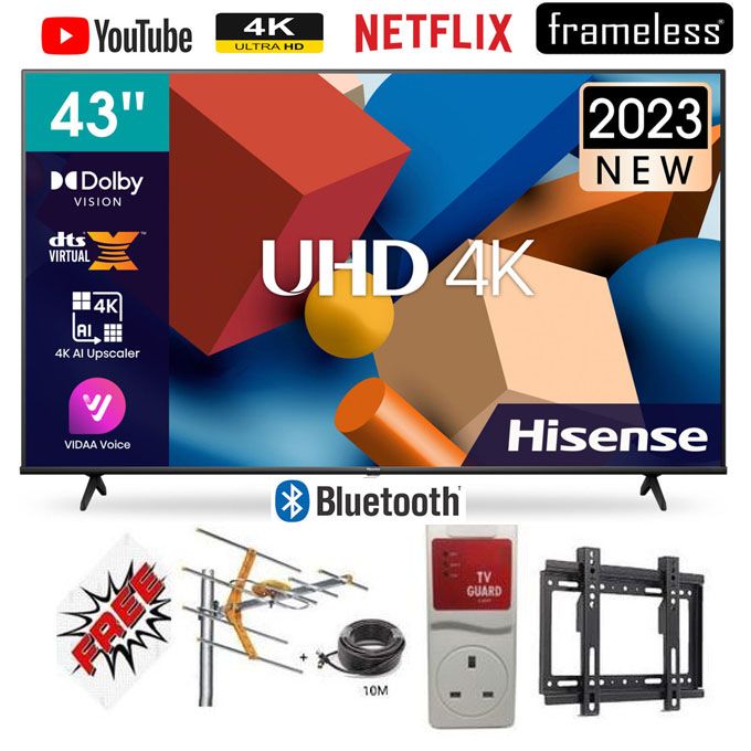 Hisense 43'' Inch A6 series,BLUETOOTH TV, Smart ULTRA HD 4K HDR Frameless,Netflix-Youtube LED TV,DOLBY AUDIO+2 YEARS WARRANTY+3 FREE GIFTS