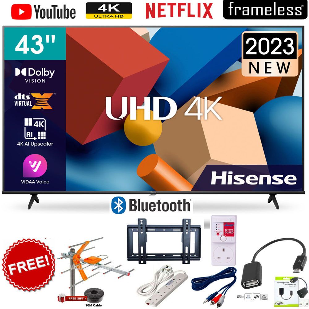 Hisense 43'' Inch A6 series,BLUETOOTH TV, Smart ULTRA HD 4K HDR Frameless,Netflix-Youtube LED TV,DOLBY AUDIO+6 FREE GIFTS