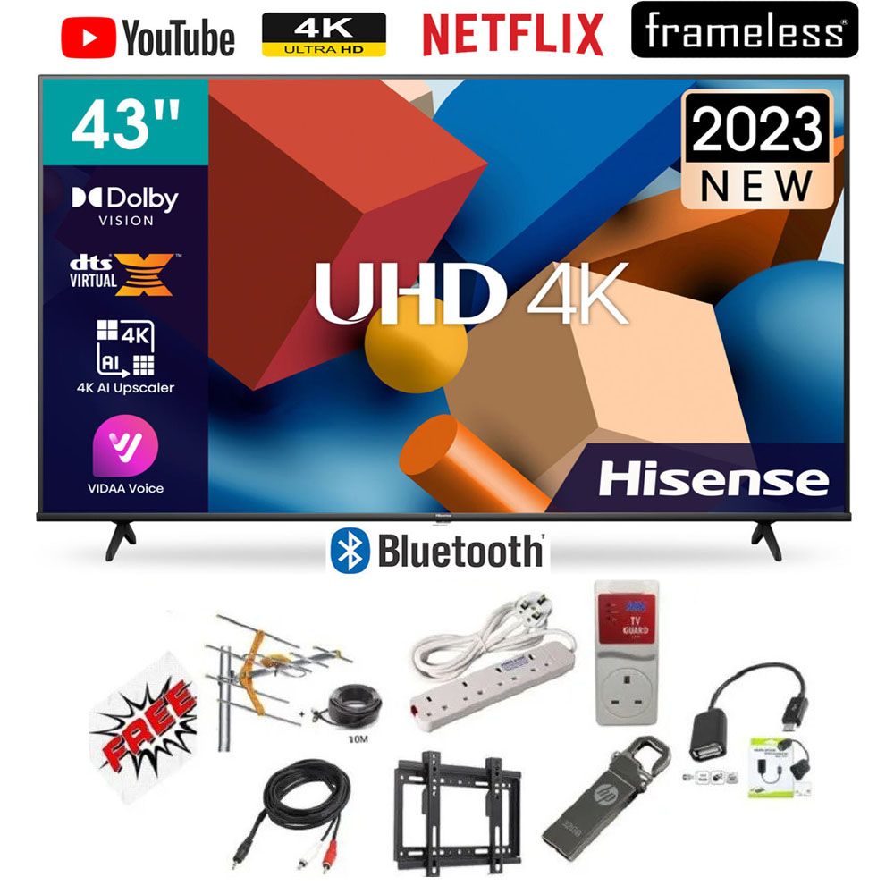 Hisense 43'' Inch 43A6KEN,BLUETOOTH-ENABLED TV, Smart ULTRA HD 4K HDR, FRAMELESS TV,Netflix-Youtube LED TV,DOLBY AUDIO,+7 FREE GIFTS