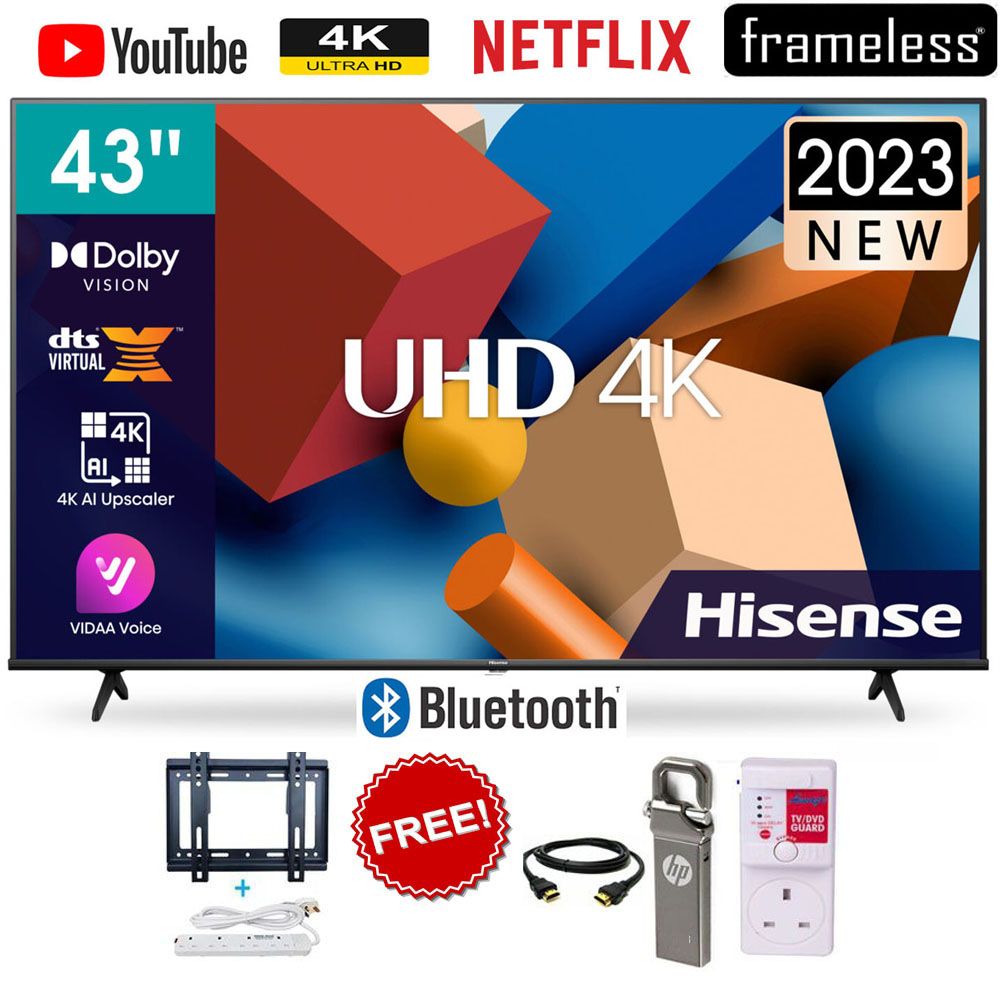 Hisense 43'' Inch A6 series,BLUETOOTH TV, Smart ULTRA HD 4K HDR Frameless,Netflix-Youtube LED TV,DOLBY AUDIO+2 YEARS WARRANTY+4 FREE GIFTS