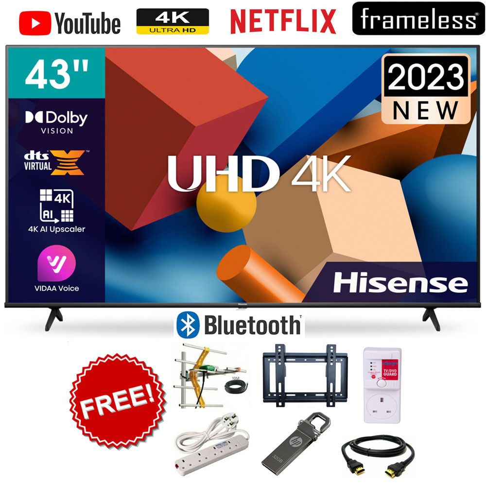 Hisense 43'' Inch 43A6KEN,BLUETOOTH TV, Smart,HDMI,USB, ULTRA HD 4K HDR Frameless,Netflix-Youtube LED TV,DOLBY AUDIO+6 FREE GIFTS