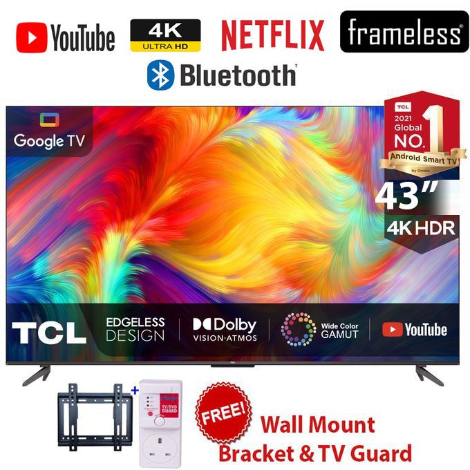 TCL P635- 43" Inch,FRAMELESS, 4K Ultra HD Smart LED Google/Android TV,Bluetooth-Enabled++FREE WALL BRACKET+TV GUARD+2 YEARS WARRANTY