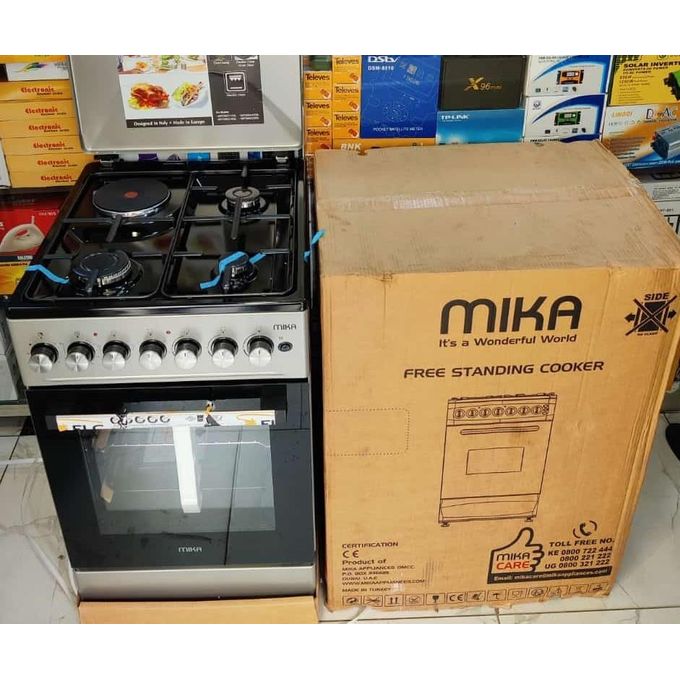 Mika Standing Cooker, 50cm X 60cm, 3 Gas + 1 Hot Plate, Button Ignition, Electric Oven+1 YEAR WARRANTY