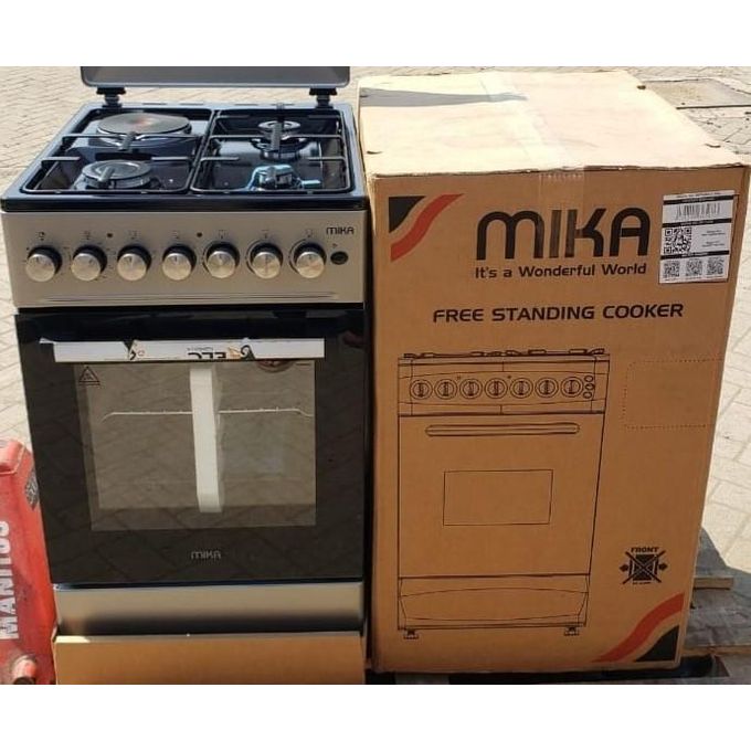 Mika Standing Cooker, 50cm X 60cm, 3 Gas + 1 Hot Plate, Button Ignition, Electric Oven+1 YEAR WARRANTY