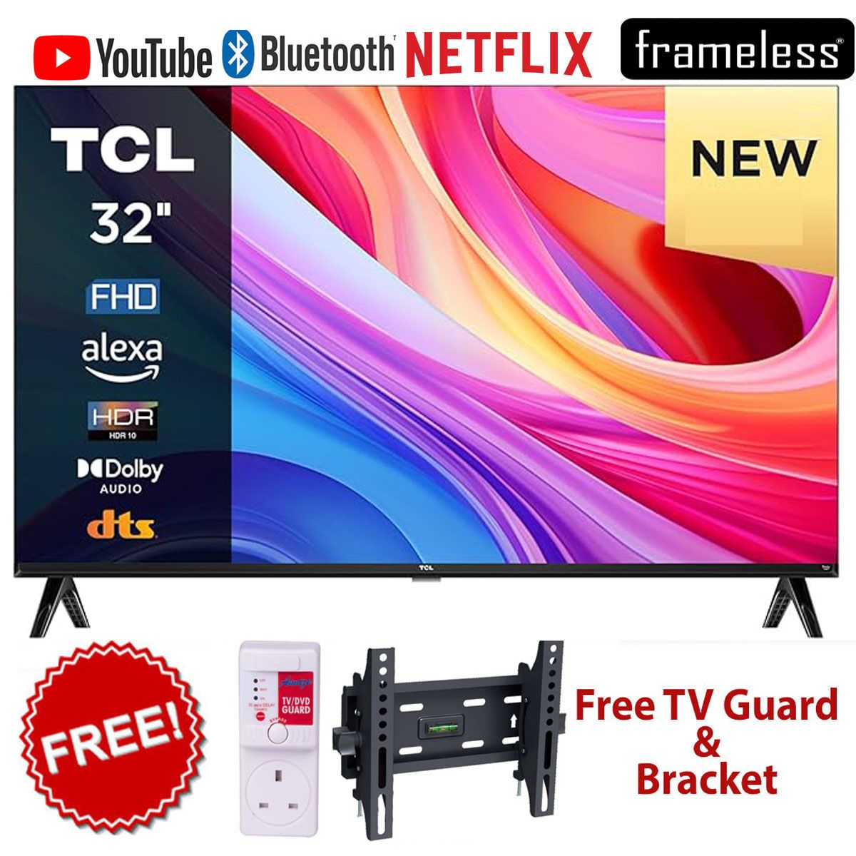 TCL 32 inch FRAMELESS FHD SMART ANDROID/GOOGLE TV Inbuilt Decoder Bluetooth Netflix,Youtube,ChromeCast Built-in Google Play+FREE TILT BRACKET+TV GUARD