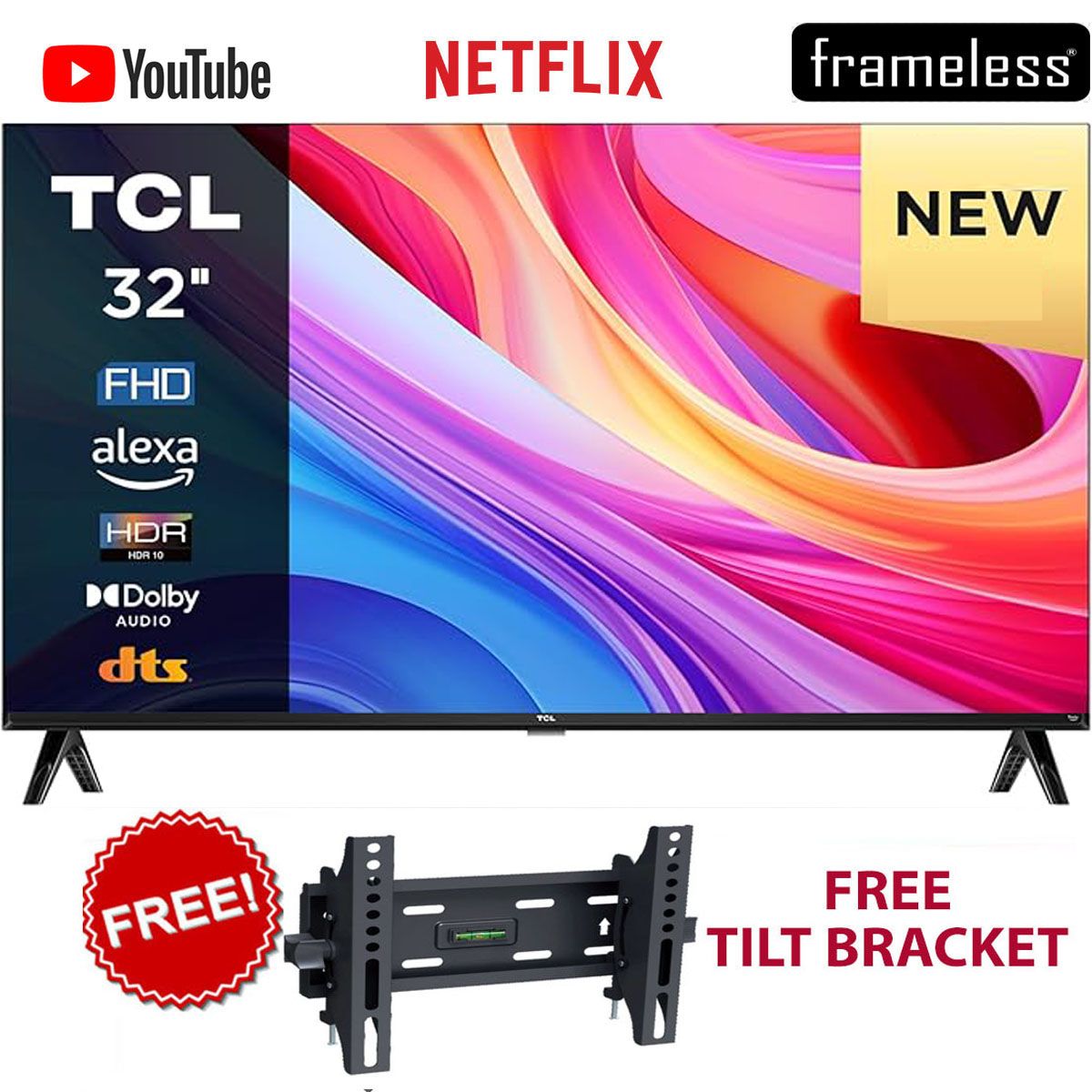 TCL 32" Inches FULL HD Smart Android TV LED Frameless TV Inbuilt Decoder Bluetooth Chromecast built-in Google Play Prime Video I-cast Screen Dolby+2YRS WARRANTY+FREE TILT BRACKET