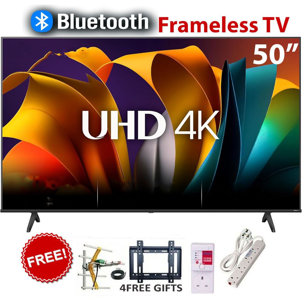 BLUETOOTH GLAZE 50" Inch Frameless Television Ultra HD Android Smart TV with Netflix Youtube 1.5GB+8GB USB/SD WIFI Television Multifuctional TV+WALL BRACKET+TV GUARD+AERIAL+EXTENSION