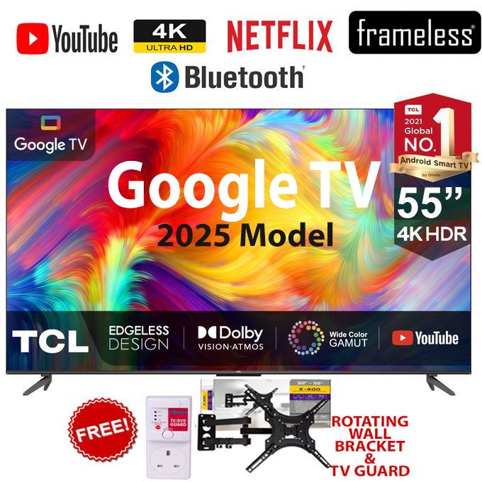 TCL 55" Inch,FRAMELESS,BLUETOOTH,Smart UHD 4K With HDR Google TV,DOLBY AUDIO+FREE 360 BRACKET+TV GUARD