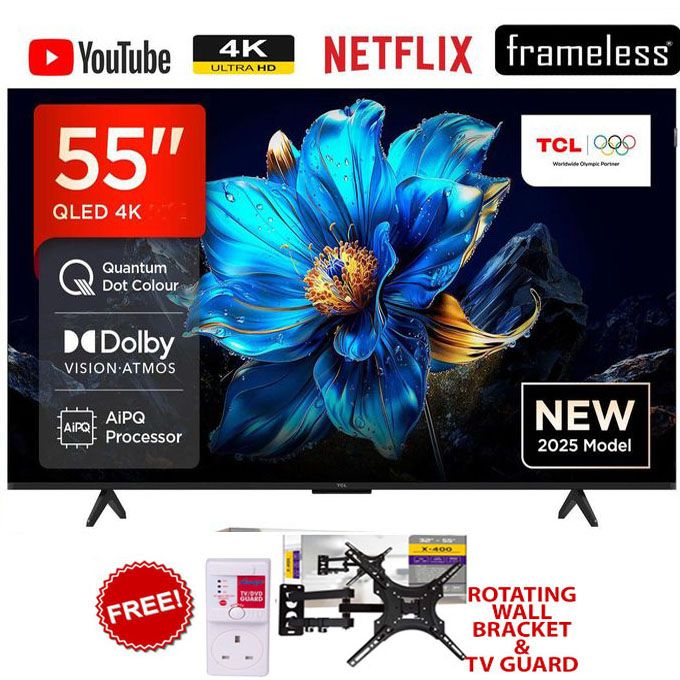 TCL 55" Inch Smart TV QLED 4K HDR 10 Google TV Frameless, Bluetooth, Netflix & YouTube,2025 MODEL+FREE SWIVEL 360 WALL BRACKET