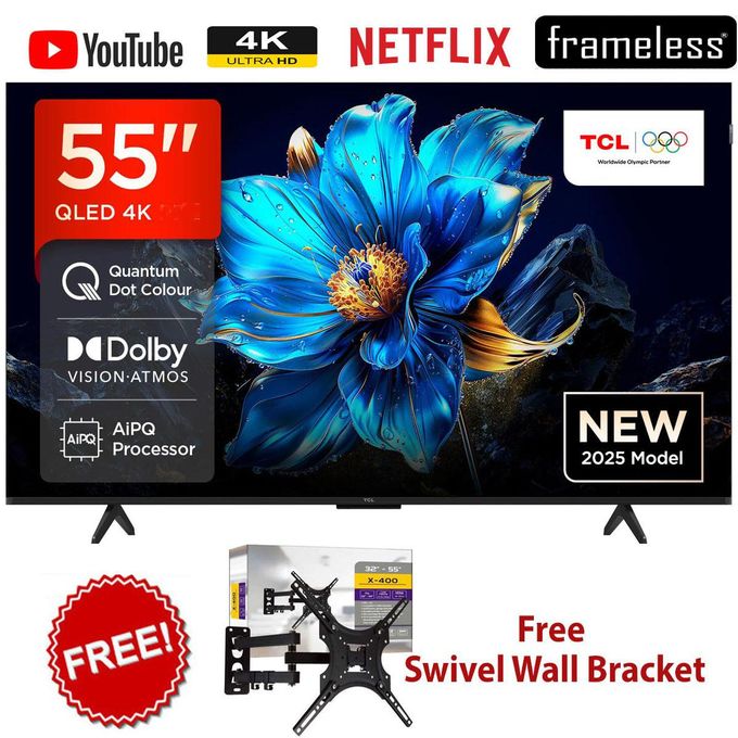 TCL 55T6C - 55" Inch UHD 4K QLED ,Bluetooth/Frameless Dolby Vision Smart TV (2025) Model+WALL BRACKET