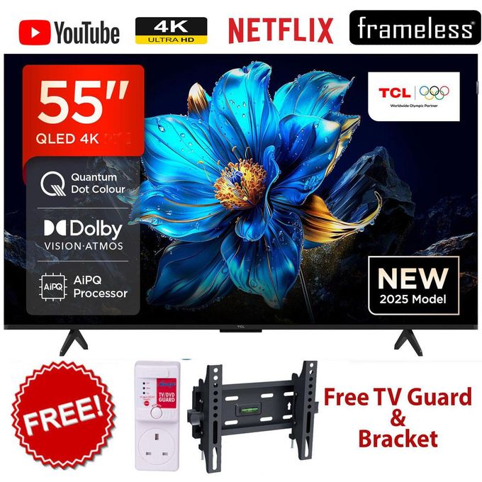 TCL 55" inches 4K Ultra HD Smart QLED Google TV,Bluetooth-Enabled,Frameless,2025 MODEL+FREE TILT BRACKET+TV GUARD