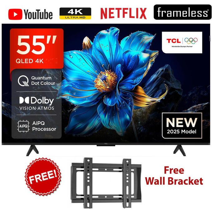 TCL 55" Inch Smart TV QLED 4K HDR 10 Google TV Frameless, Bluetooth, Netflix & YouTube+FREE WALL BRACKET