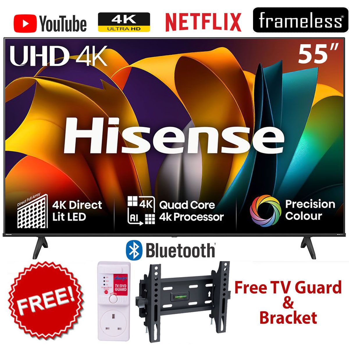 Hisense 55" Inch 4K UHD SMART BLUETOOTH TV-2025 MODEL+FREE TILT BRACKET+TV GUARD(2YRS WARRANTY)