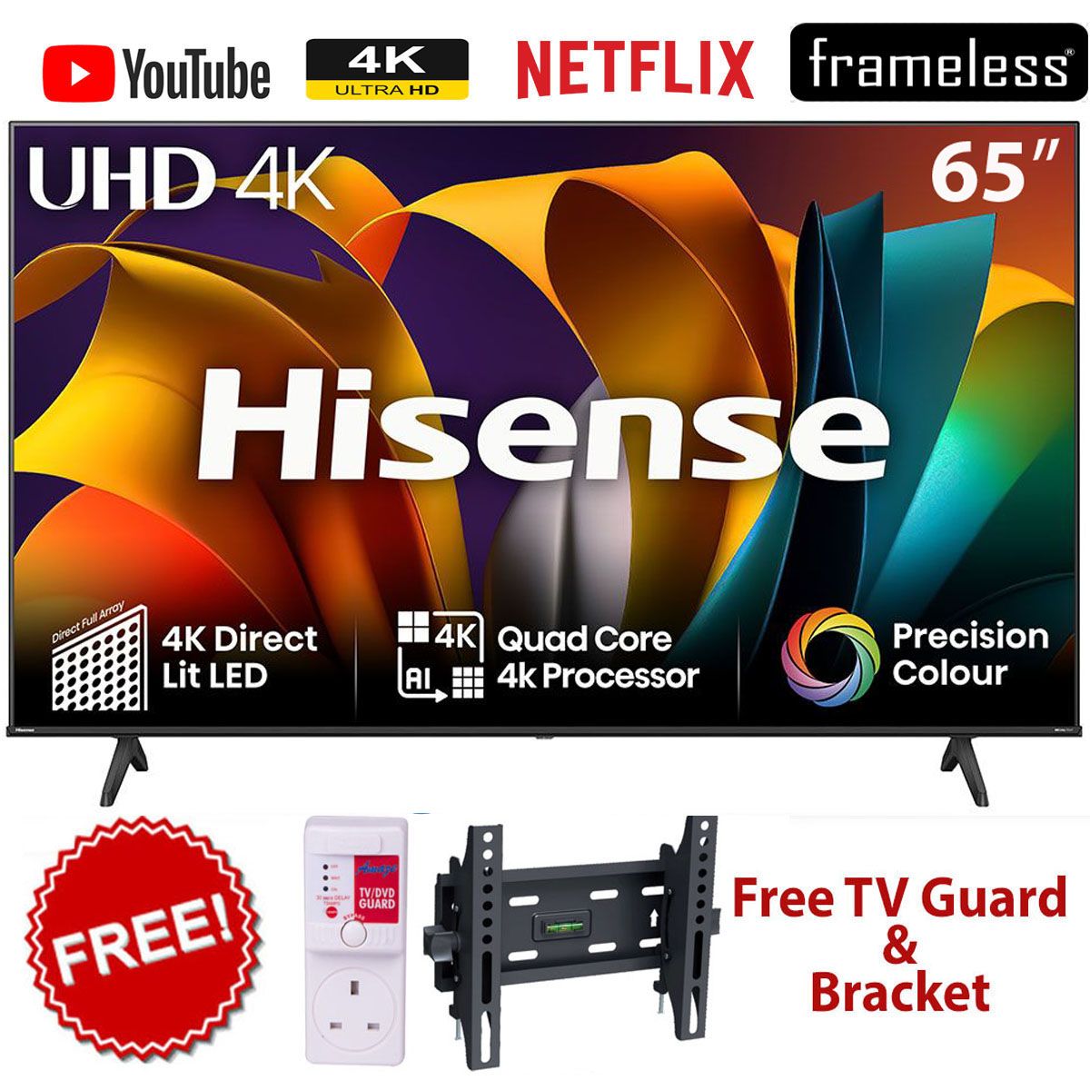 Hisense 65 INCH 4K ULTRA HD SMART TV, NETFLIX, BLUETOOTH-ENABLED/FRAMELESS 2025 MODEL+FREE GIFTS