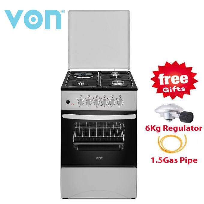VON Cooker 50X50Cm Standing 3Gas Burners+ 1Electric Hotplate, Electric Oven+FREE 6KG REGULATOR+GAS PIPE