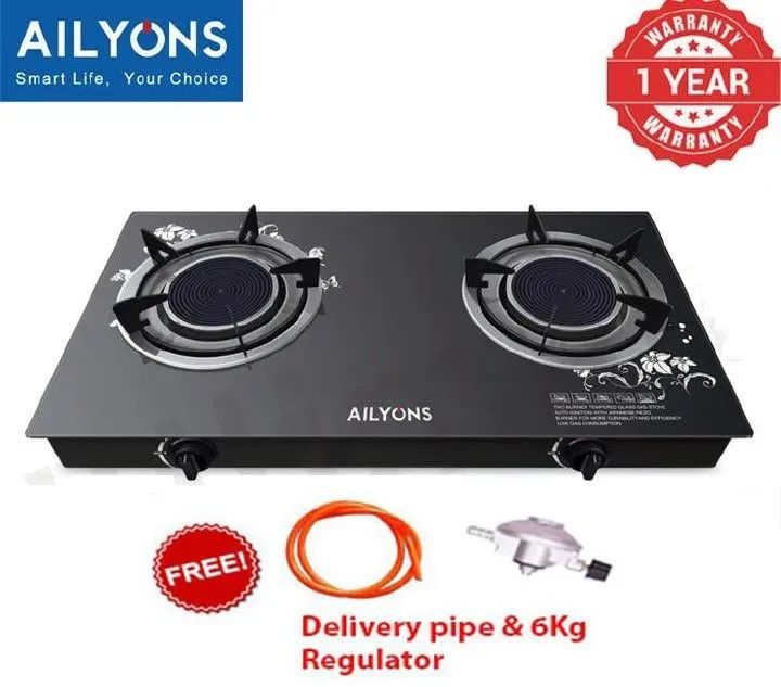 AILYONS GS005A-1, 2 Burner Glass Top Gas Cooker & Infrared Double Burner+FREE 1.5M PIPE+6KG REGULATOR (1YR WRTY)