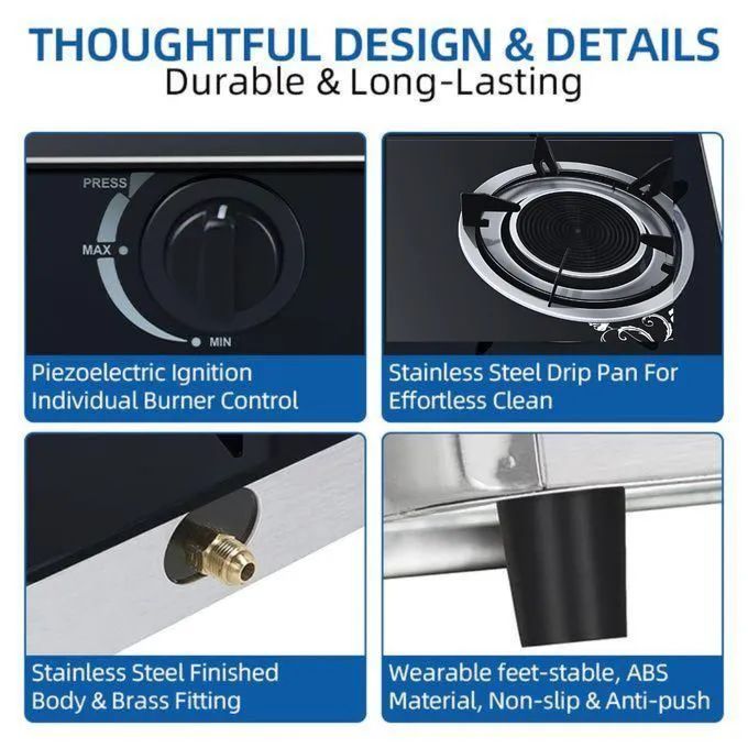 AILYONS GS005A-1, 2 Burner Glass Top Gas Cooker & Infrared Double Burner+FREE 1.5M PIPE+6KG REGULATOR (1YR WRTY)