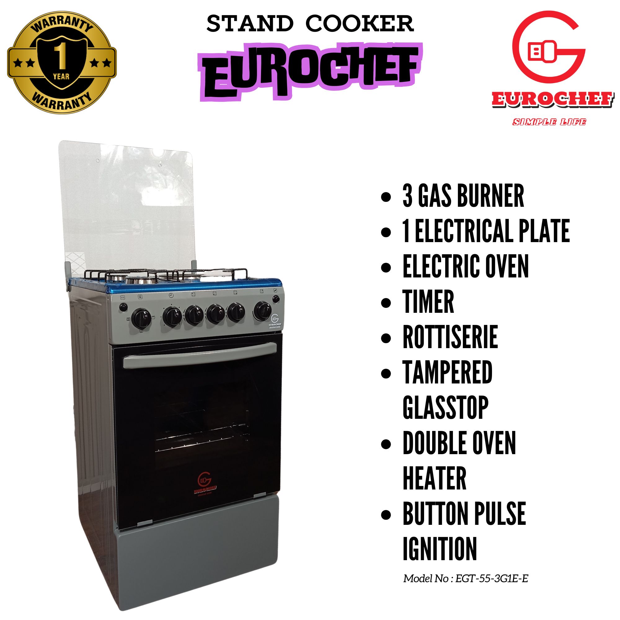 Eurochef 3G +1E WITH ELECTRIC OVEN Standing Cooker with Rotisserie, Silver(1YR WARRANTY)