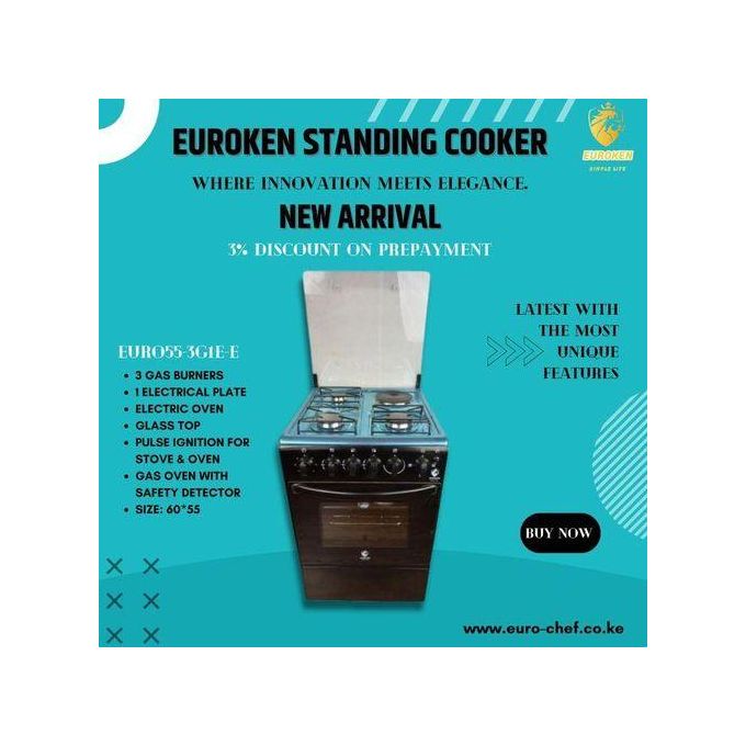 Euroken 50cm*50cm, 3 Gas Jet Pool Burners + 1Electric Hot Plate, Electric Oven Standing Cooker(1YR WARRANTY)