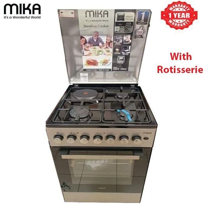 ORYX (Formely Mika) 50x60 Standing Cooker- Model MST5060U31PSB, 3 Gas Burners + 1 Electric Plate, 4 Function Electric Oven With Rotisserie+1 Year Warranty