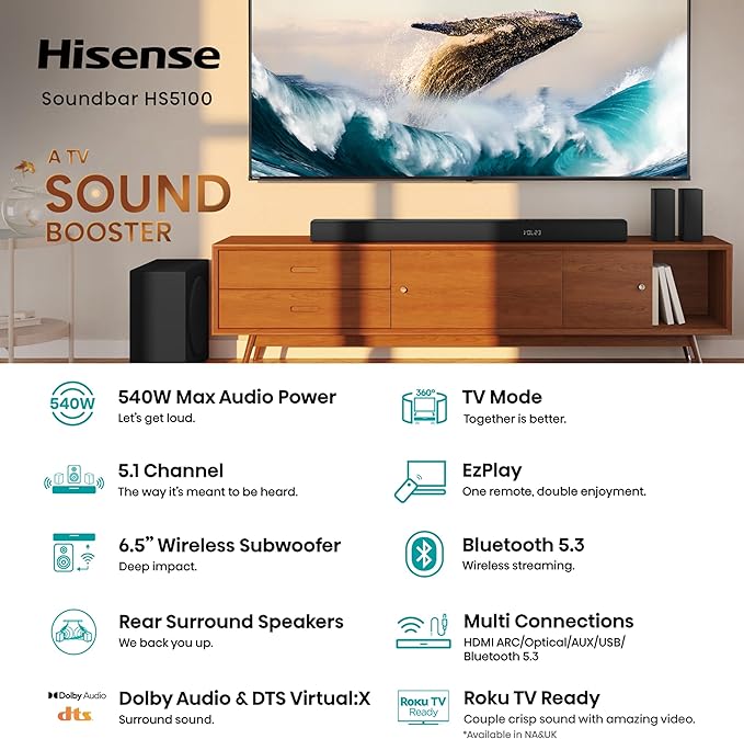 Hisense HS5100 5.1Ch Sound Bar with Wireless Subwoofer, 540W, Dolby Digital Plus, Bluetooth 5.3,DTS: X, HDMI/AUX/ARC/Optical/USB (HS5100, 2025 Model)