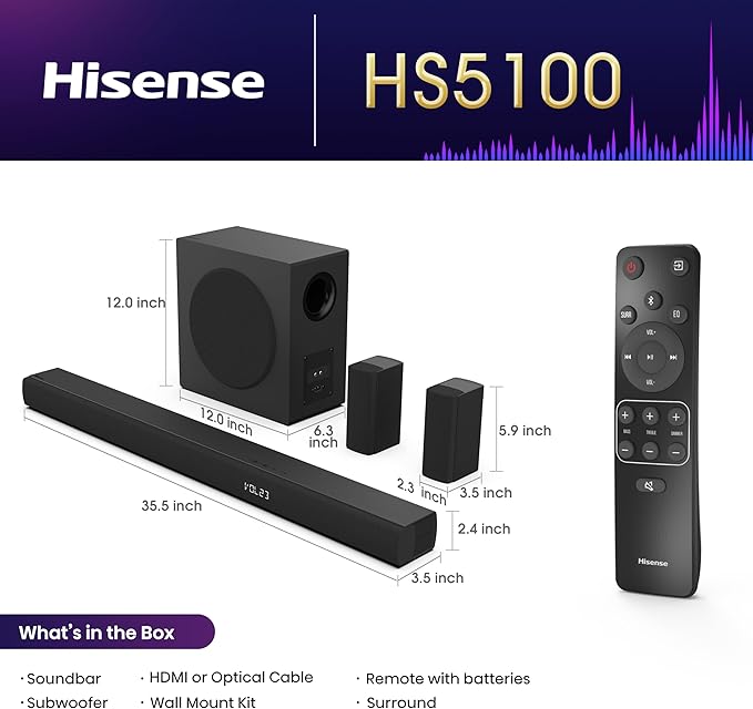Hisense HS5100 5.1Ch Sound Bar with Wireless Subwoofer, 540W, Dolby Digital Plus, Bluetooth 5.3,DTS: X, HDMI/AUX/ARC/Optical/USB (HS5100, 2025 Model)