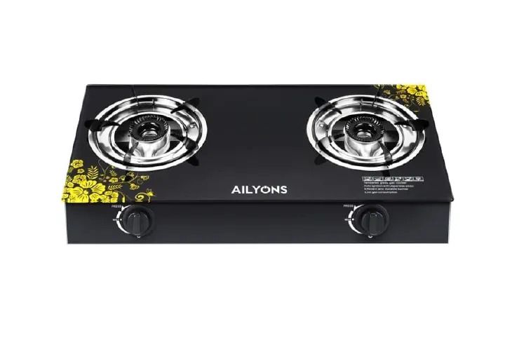AILYONS Glass Top Double Burner Gas Cooker – Durable Glass Design+ FREE 6KG Regulator + Pipe & Clips