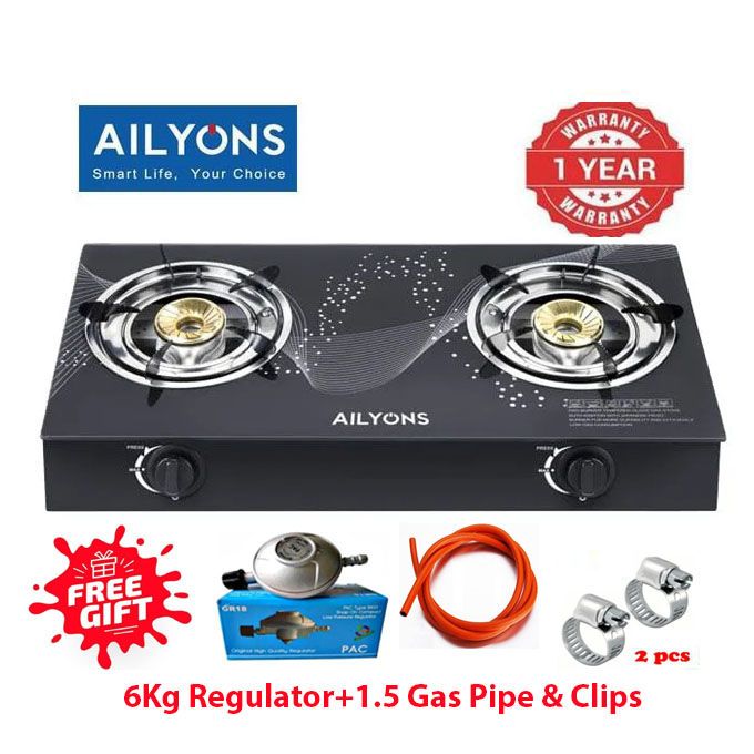 AILYONS Glass Top Double Burner Gas Cooker – Durable Glass Design+ FREE 6KG Regulator + Pipe & Clips
