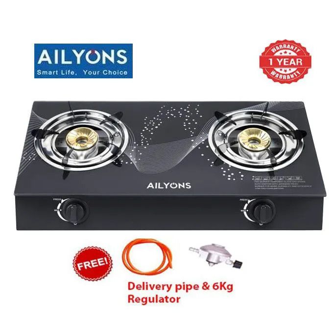 AILYONS Gas Cooker Double Burner Glass Table Top (1YR WRTY)+FREE 1.5M Gas Pipe + 6KG Regulator