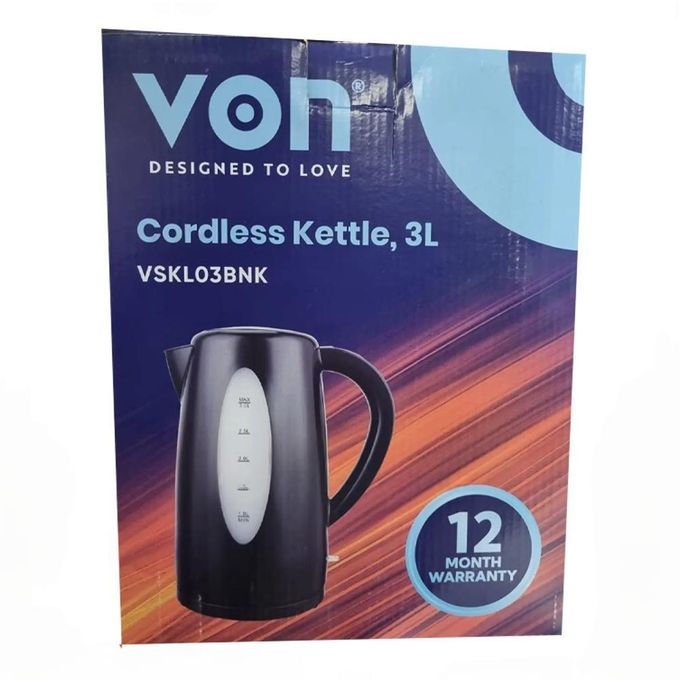VON Electric Kettle 3L – 360° Rotation – Black