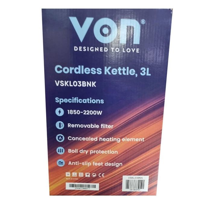 VON Electric Kettle 3L – 360° Rotation – Black