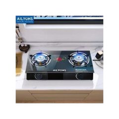 AILYONS Table Top Glasss Top 2 Burner Gas Cooker Plus 6kg Regulator And Pipe+Gas Clips (1YR WRTY)