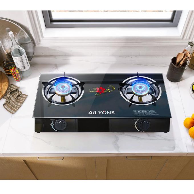 AILYONS Table Top Glasss Top 2 Burner Gas Cooker Plus 6kg Regulator And Pipe+Gas Clips (1YR WRTY)