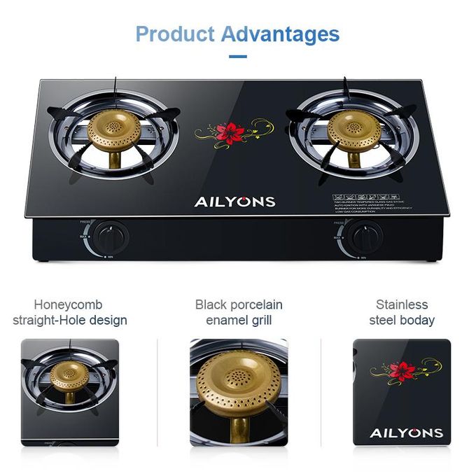 AILYONS Table Top Glasss Top 2 Burner Gas Cooker Plus 6kg Regulator And Pipe+Gas Clips (1YR WRTY)