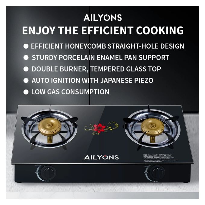 AILYONS Table Top Gas Cooker,2 Burner With a Strong Glass+FREE GIFTS(1YR WRTY)
