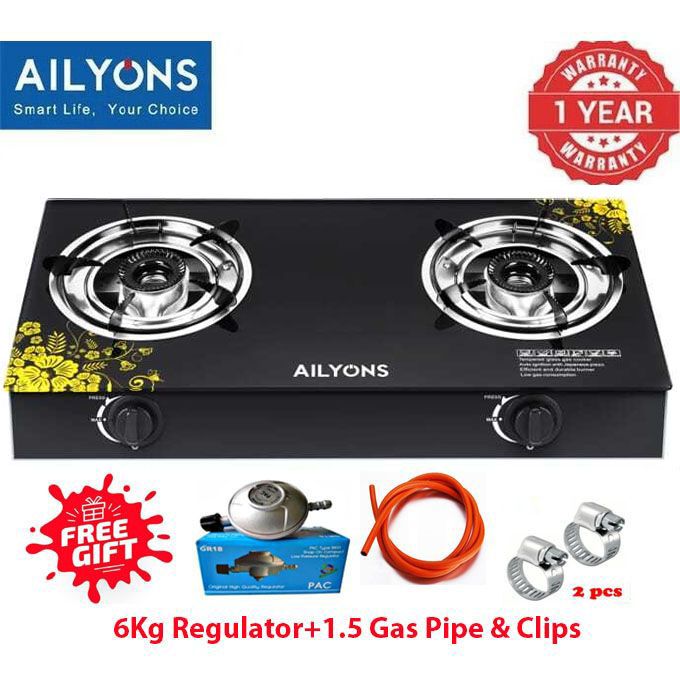 AILYONS Strong Glass Top Double Burner Gas Cooker,Energy Efficient+FREE 6KG REGULATOR+GAS PIPE+CLIPS