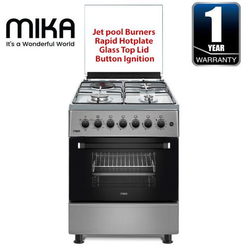 Mika Cooker 58*58, 3 Gas Jet Burners + 1 Hot Plate, Electric Oven Standing Cooker - Silver