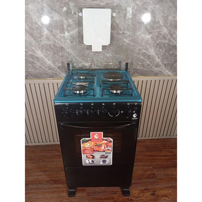 EUROKEN COOKER Standing Gas Cooker - 50*55, 3 Gas Jet Burners + 1 Hot Plate, Electric Oven - Black