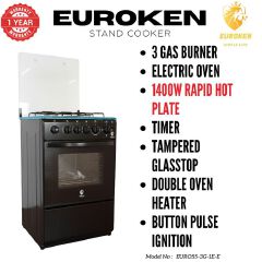 EUROKEN COOKER Standing Gas Cooker - 50*55, 3 Gas Jet Burners + 1 Hot Plate, Electric Oven - Black