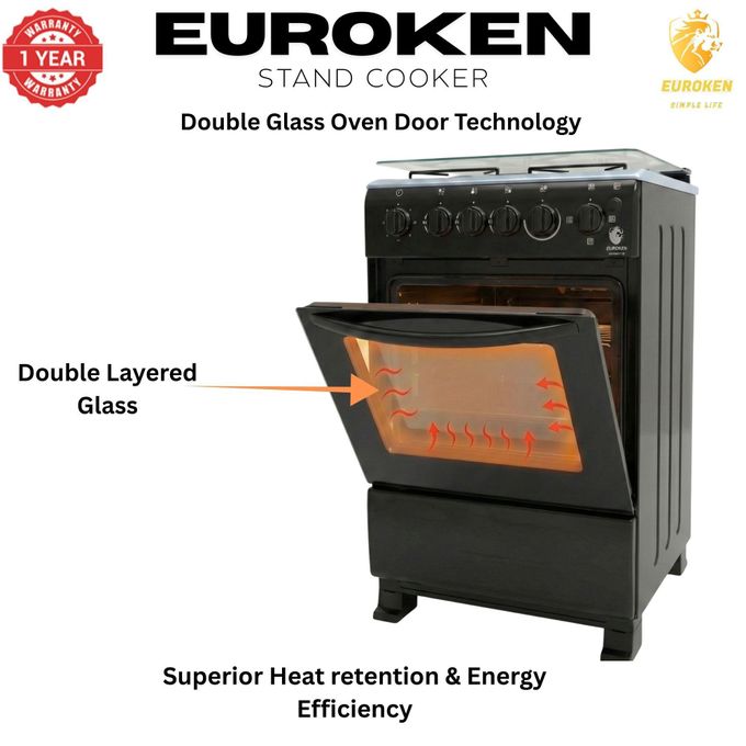 EUROKEN COOKER Standing Gas Cooker - 50*55, 3 Gas Jet Burners + 1 Hot Plate, Electric Oven - Black