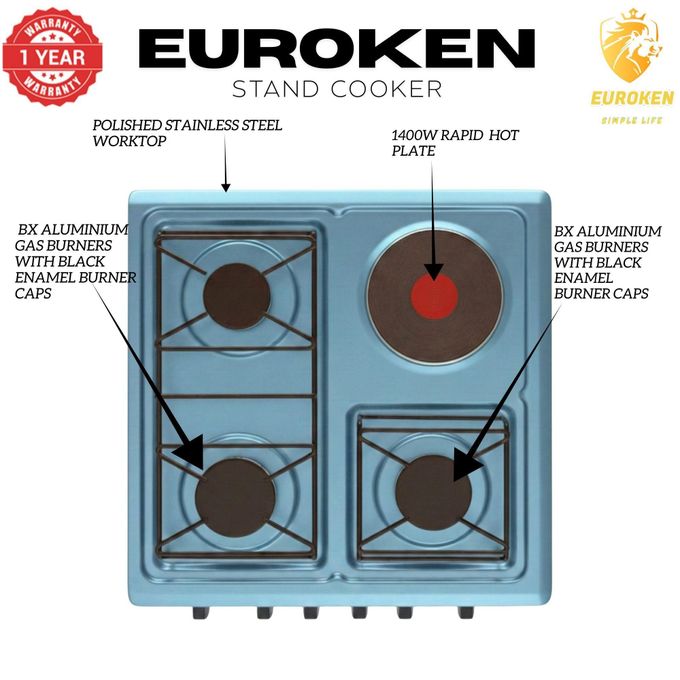 EUROKEN COOKER Standing Gas Cooker - 50*55, 3 Gas Jet Burners + 1 Hot Plate, Electric Oven - Black