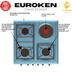 EUROKEN COOKER Standing Gas Cooker - 50*55, 3 Gas Jet Burners + 1 Hot Plate, Electric Oven - Black