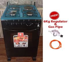 EUROKEN COOKER Standing Gas Cooker - 50*55, 3 Gas Jet Burners + 1 Hot Plate, Electric Oven - Black
