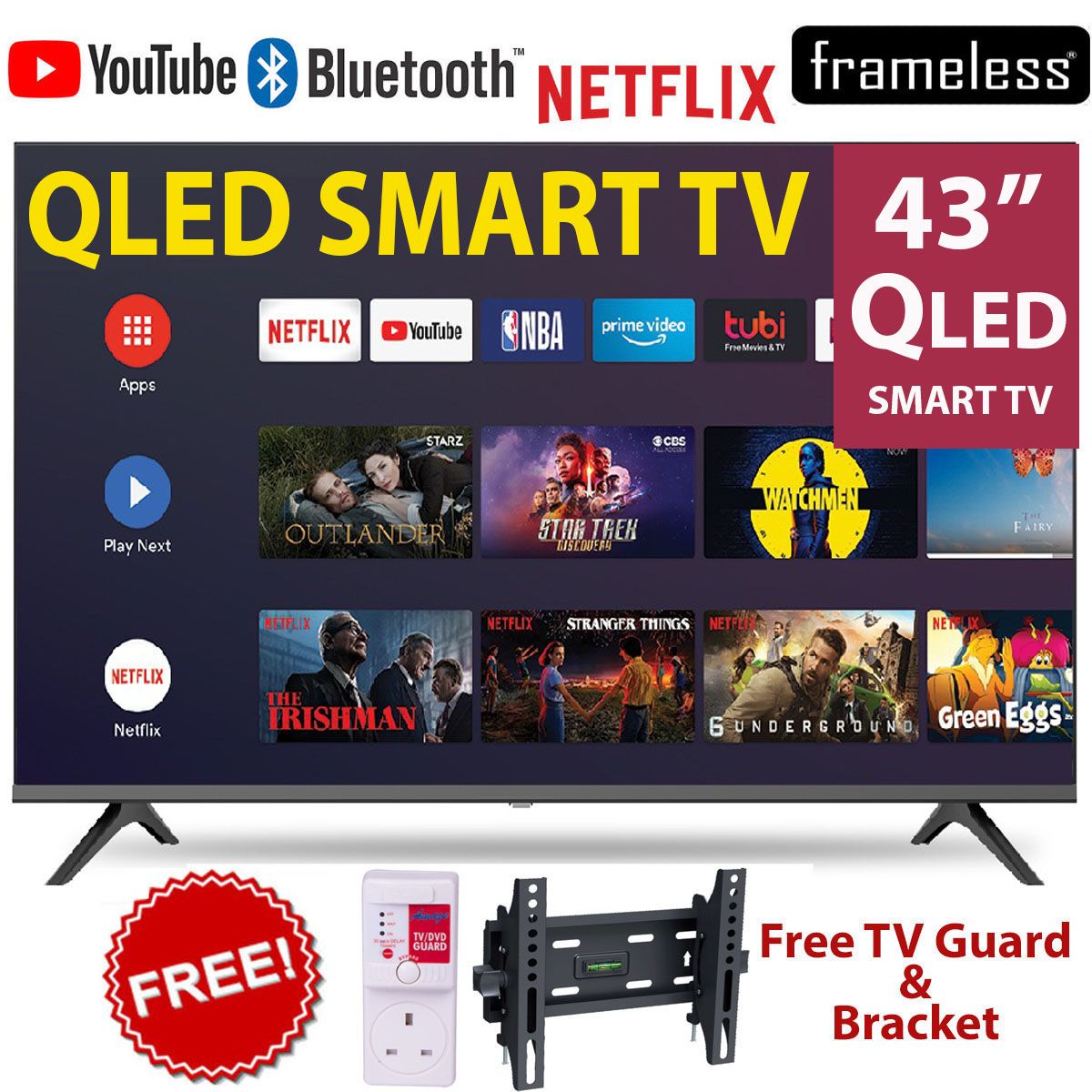 [🎁SPECIAL OFFER!!🎁] VITRON 43"Inch Smart TV QLED FHD Bluetooth Enabled Frameless Android TV Inbuilt Decoder NetflixYoutube Appstore+FREE TILT BRACKET+TV GUARD