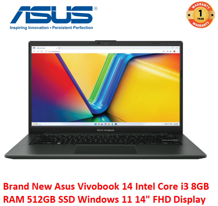Brand New Asus Vivobook 14 Intel Core i3 8GB RAM 512GB SSD Windows 11 14" FHD Display Brand New Laptop Computer Notebook Black, (1YR WRTY)